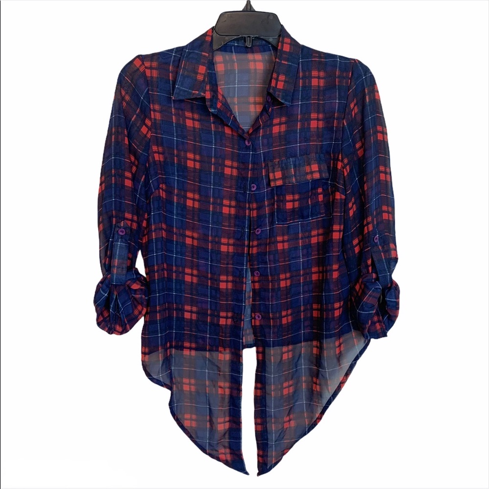 Timing | Sheer Plaid Tie Front Button Down